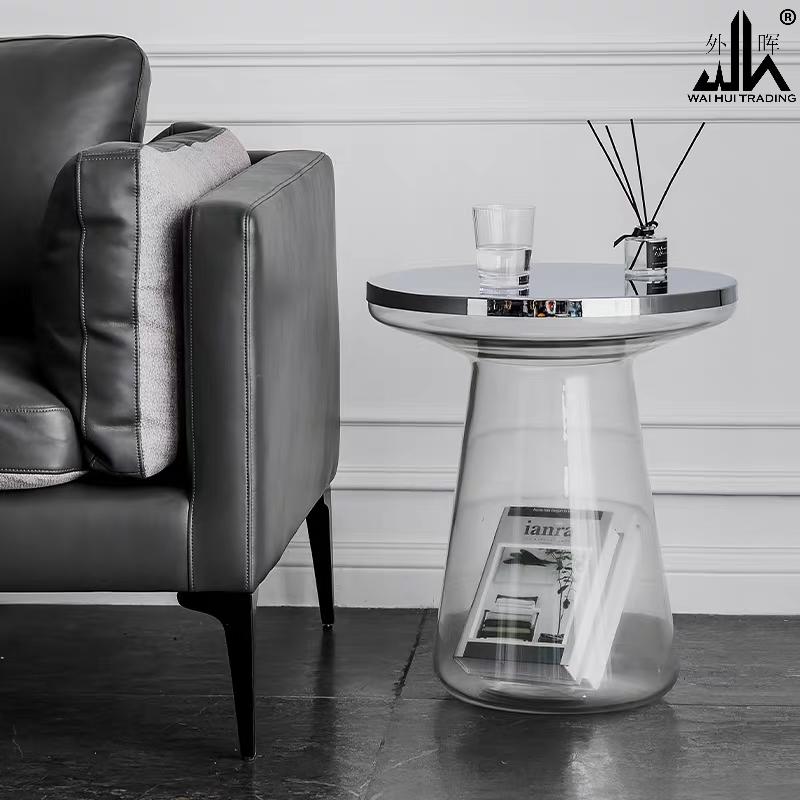 Nordic glass coffee table, living room, metal edge, light luxury, transparent sofa corner.