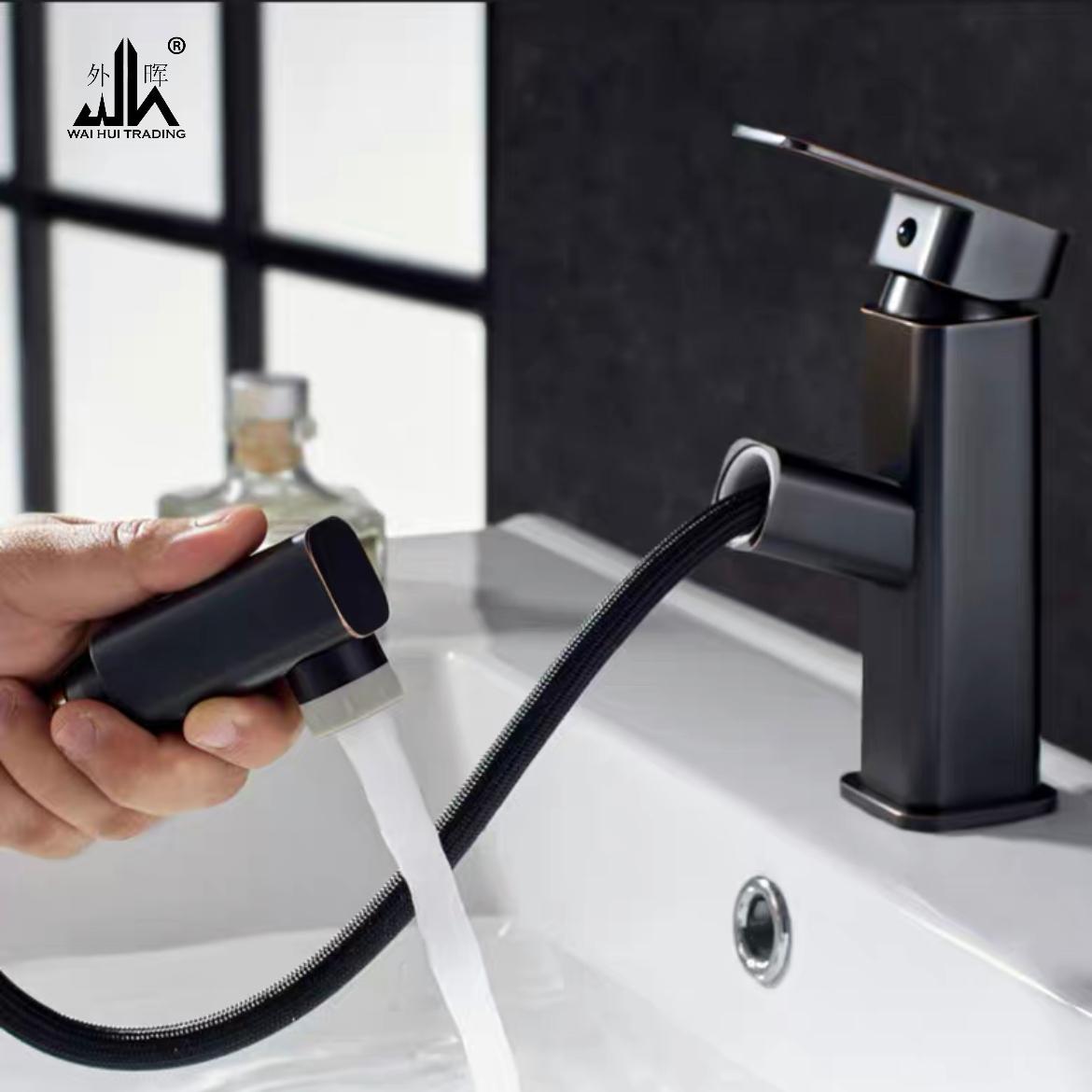 Black hot and cold faucet, sink, washbasin, single hole.