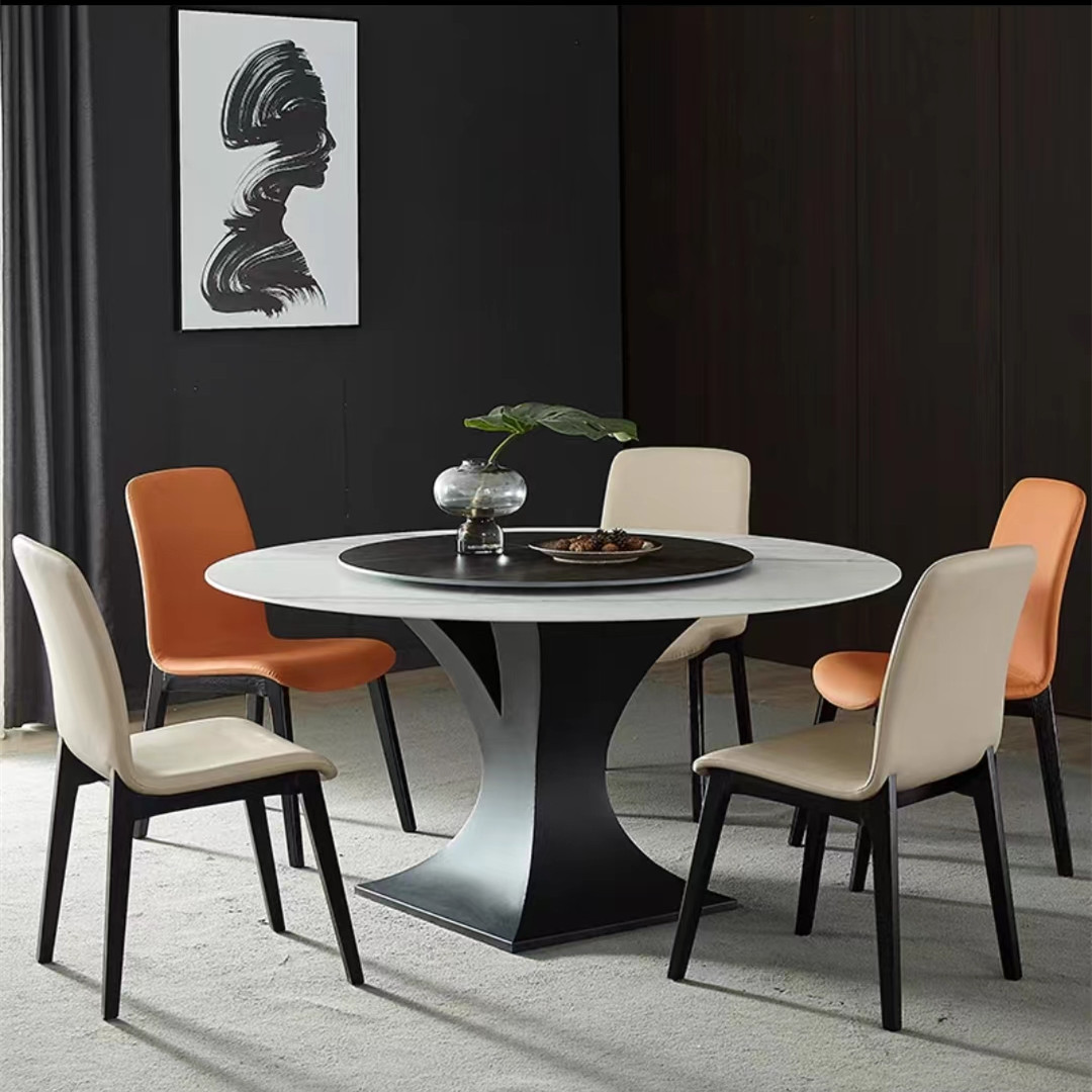 Italian light luxury rock plate round table with turntable
