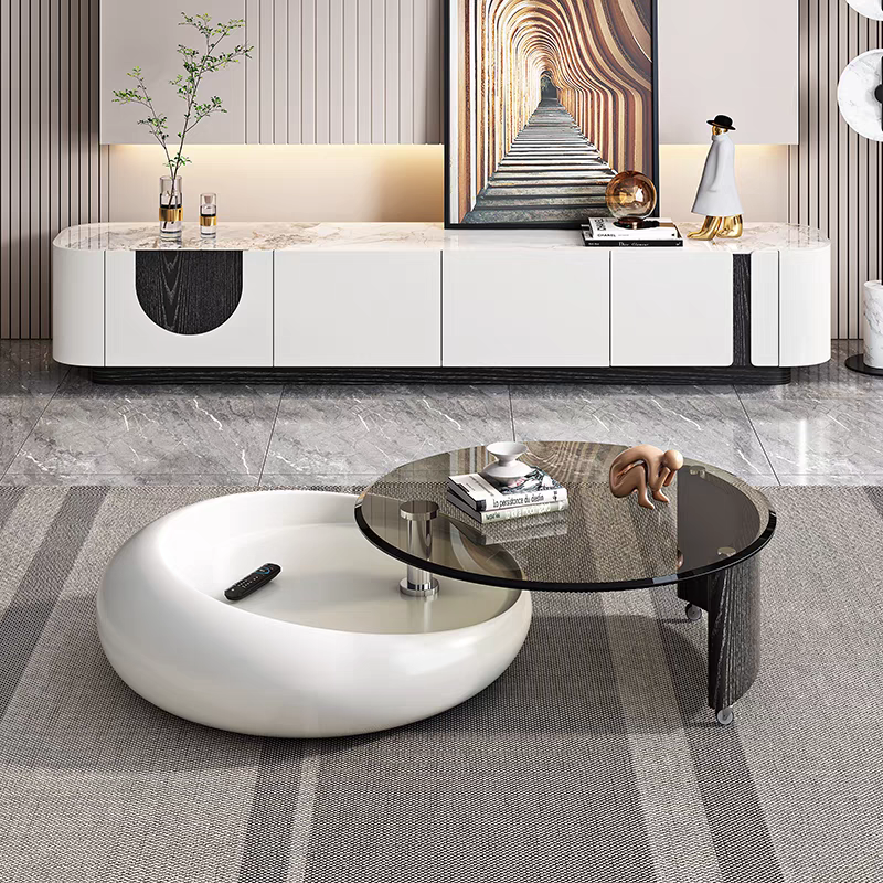 Light Luxury Cream Wind Rotating Tempered Glass Coffee Table Combination