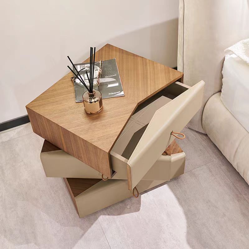 Creative rotatable solid wood genuine leather bedside table